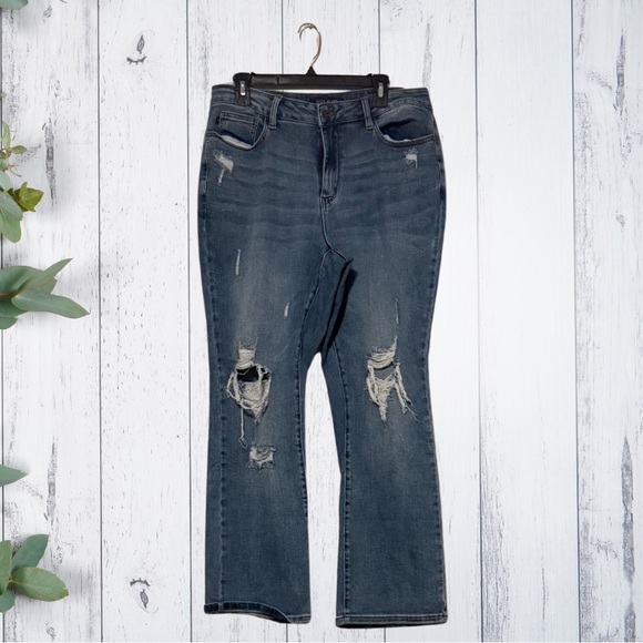 Judy Blue Dark Wash Distressed Flare Jeans - Picture 1 of 2